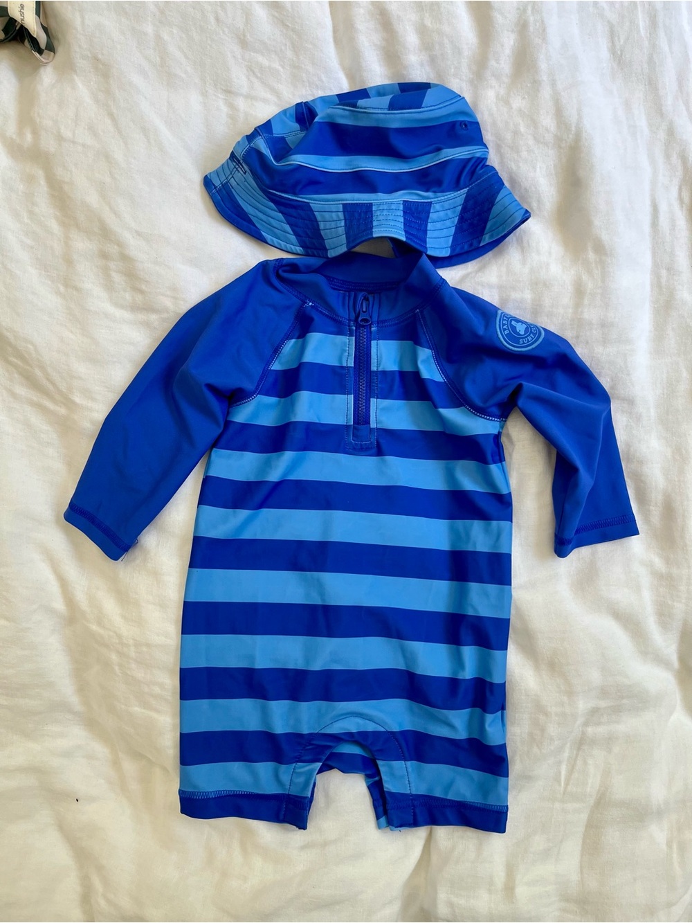 GAP Baby Blue Striped Rash Guard One-Piece Bathing Suit with Matching Swim Hat